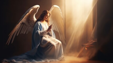 Fototapeta premium Woman with long hair on knees with stretched to holy hands receives annunciation of Blessed Virgin Mary. Annunciation of Blessed Virgin Mary gives strength to young woman kneels asking for help