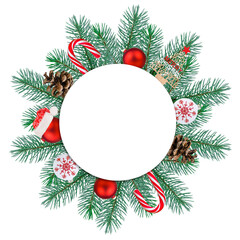Flat lay composition with Christmas objects and blank circle card isolated on a transparent background. Space for text