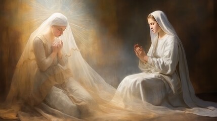 Woman with long hair on knees with stretched to holy hands receives annunciation of Blessed Virgin Mary. Annunciation of Blessed Virgin Mary gives strength to young woman kneels asking for help