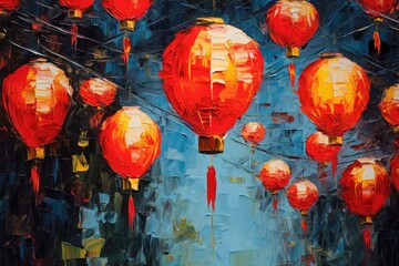 Fototapeta na wymiar palette knife textured painting Chinese lanterns. Japanese asian new year red lamps festival Chinese New Year Lanterns