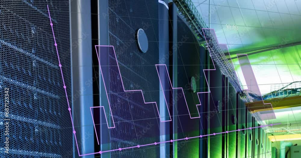 Poster animation of graph and changing numbers over data server racks in server room