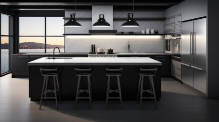 A modern kitchen with a large island in the middle of the room
