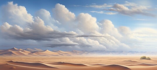 Vast panoramic desert with distant horizon and sand dunes - magnificent late afternoon cumulus rain clouds - searing hot and dry arid landscape.