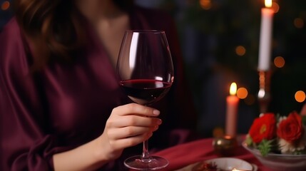Red wine in a glass in female hand. Beautiful woman holding glass with red wine. Alcoholic drinks. Drinking wine.