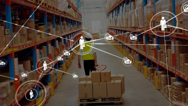 Animation of connected icons, caucasian coworkers pulling trolley with cardboard boxes in warehouse