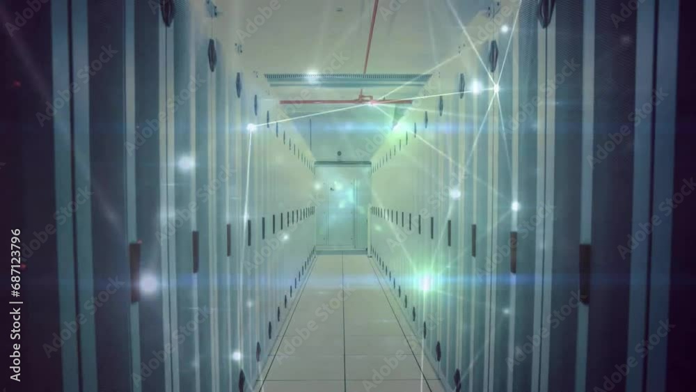 Poster animation of dots connected with lines over data server room in background