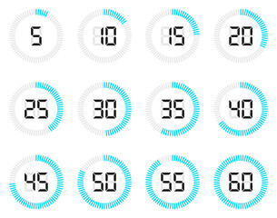 Timer icon set with digital numbers isolated on white background
