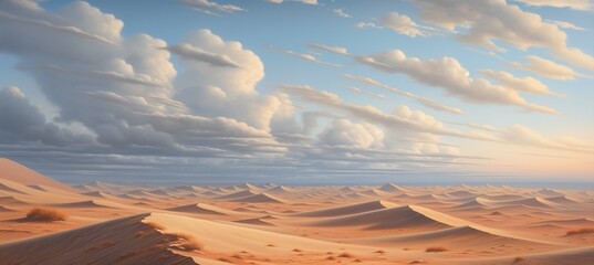 Fototapeta na wymiar Vast panoramic desert with distant horizon and sand dunes - magnificent late afternoon cumulus rain clouds - searing hot and dry arid landscape.
