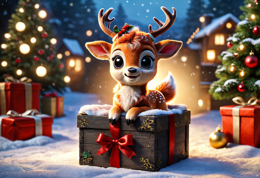 Happy bambi with Christmas present. Generative AI