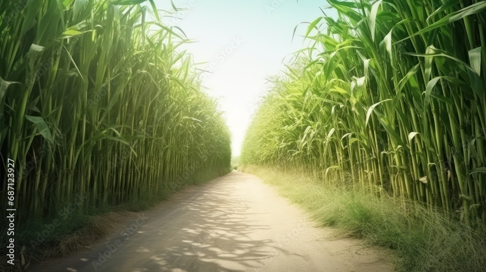 Wall mural Empty ground road across sugarcane plantation at summer farmland. Way through perennial grass cultivated for juice used for sugar producing. Agricultural culture growing in large Asian field