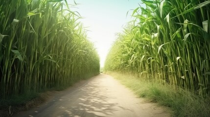 Empty ground road across sugarcane plantation at summer farmland. Way through perennial grass...