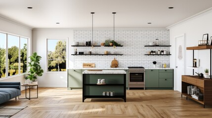 A kitchen with a wooden floor and a white brick wall - obrazy, fototapety, plakaty