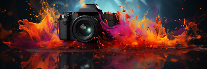 Kamera mit Holifarben Explosion als Produktfotografie im Querformat für Banner, ai generativ