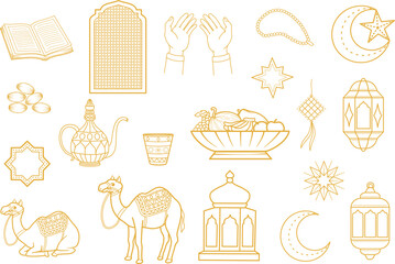 Luxury Arabic muslim element gold line ornamental. Arabian arch window, dates, mozaic, holy Quran, Ramadan holiday ornate elements design. Vintage arab decorative frames, islam logo geometric vector
