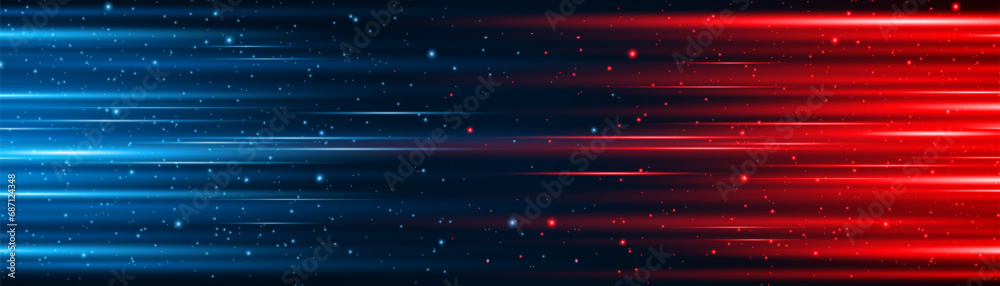 Aufkleber Movement of blue and red glowing lines with glitter effect on a dark background. High speed internet technology concept or fast wireless data transmission. modern internet network connection technolog