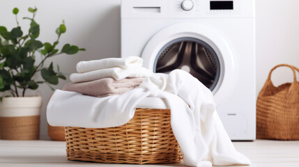 Scene of domestic life, wicker laundry basket with clean white soft beige towels. background with modern white washing machine, green plant. Organization and care in home management