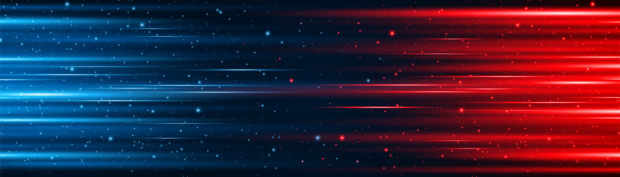 Movement of blue and red glowing lines with glitter effect on a dark background. High speed internet technology concept or fast wireless data transmission. modern internet network connection technolog