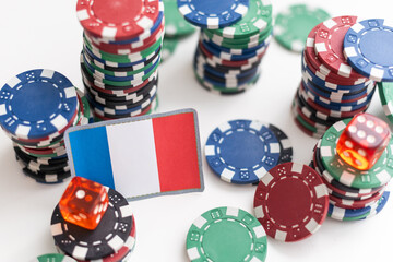 poker chips and dices on white background