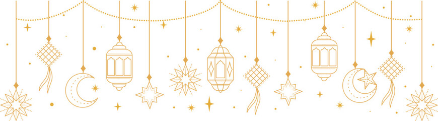 Hanging arabic Gold Lanterns. Luxury Ornament Traditional lantern Ramadan Kareem Border, Islamic art Style Background. Symbols of Ramadan Mubarak, lamps, moon, star, art vector illustration. - obrazy, fototapety, plakaty