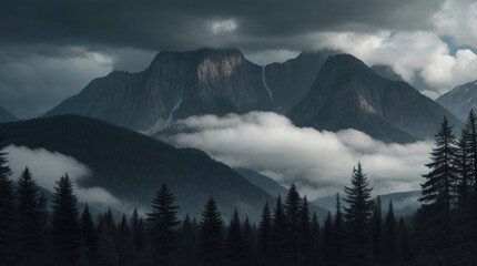 Obraz premium Forest, mountains, clouds, gray tones