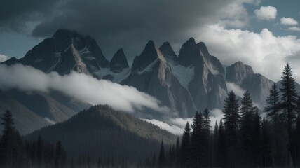 Forest, mountains, clouds, gray tones - Powered by Adobe