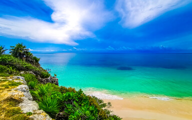 Natural seascape panorama beach view Tulum ruins Mayan site Mexico.