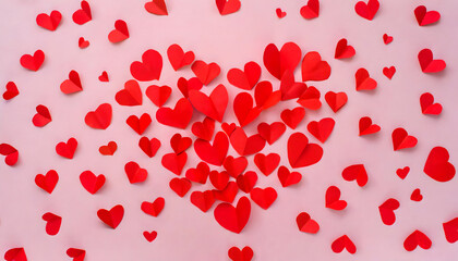 red paper hearts arranged in the shape of a heart on pastel pink background - love concept - valentines day