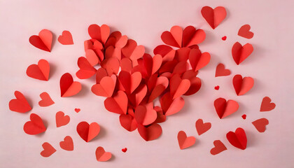 red paper hearts arranged in the shape of a heart on pastel pink background - love concept - valentines day