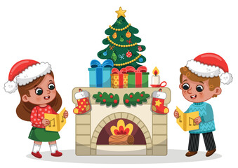 Illustration of Two Cute Christmas Carols Near the Fireplace.