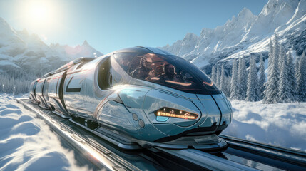 Concept of a Futuristic High-Speed Train Traveling over a Snow-Covered Landscape in the snow-covered Mountains in the Alps Brainstorming Background Cover Poster Digital Art Backdrop