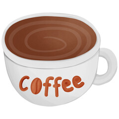 A cute coffee mug with a menu name. The coffee is written in front of the mug.