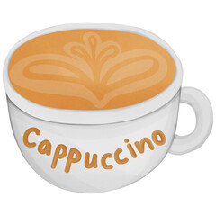 A cute coffee mug with a menu name. The coffee is written in front of the mug.