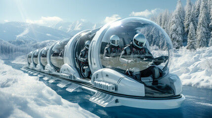 Concept of a Futuristic High-Speed Train Traveling over a Snow-Covered Landscape in the snow-covered Mountains in the Alps Brainstorming Background Cover Poster Digital Art Backdrop