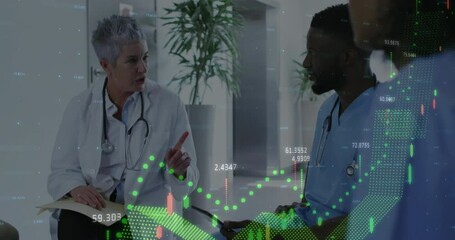 Animation of multiple graphs with changing numbers over diverse coworkers discussing in hospital - Powered by Adobe