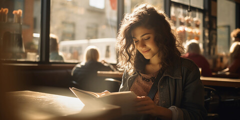 Candid snapshot of a woman in a sunlit café, reading a book, natural light pouring through a large...