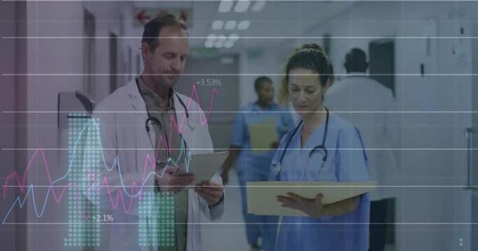 Animation of graphs, changing numbers over caucasian doctor standing and discussing patient reports