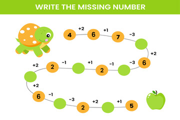 Mathematical educational game for children. Complete the series and insert the missing numbers. Solve the equation and help the turtle find the green apple. Educational cards for children