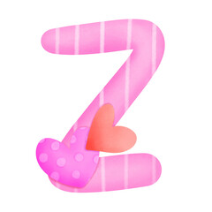 Set of illustrations alphabet A-Z and numbers 0-9, Pink Valentine's Day theme with cute hearts. 