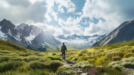 Naklejka na ściany i meble mountain range through seasons, a hiker in foreground adapting attire