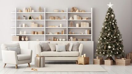 Domestic and cozy christmas living room interior with corduroy sofa, white shelf, mock up poster...