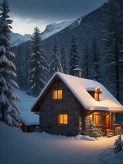 Cozy photo of a house in the mountains, winter, light from the windows