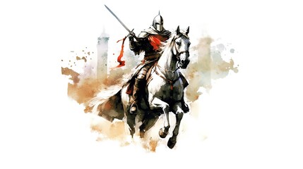 Knight with a weapon in his hand galloping into battle.