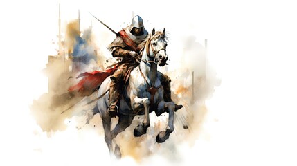 A Knight with a weapon in his hand on his horse heading into battle. - obrazy, fototapety, plakaty