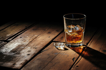 A glass of whiskey with ice on a wooden table.