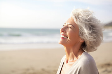 Fototapeta na wymiar An older woman smiling at the beach.