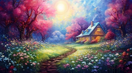 wooden cabin in pink cherry blossom forest in spring time, wildflower blossom field, Ai Generative  - obrazy, fototapety, plakaty