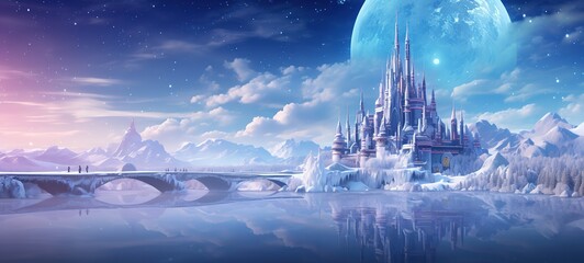 fairytale castle in winter snow forest, whimsical fairytale atmosphere, artistic cartoon scenery backdrop, Ai Generative 