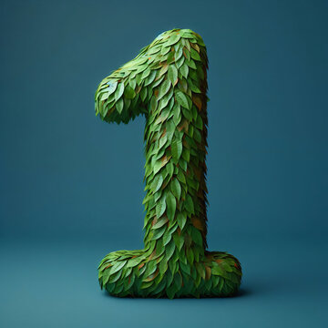 Tthe number 1 is made out of leaves, on a teal background, photorealistic