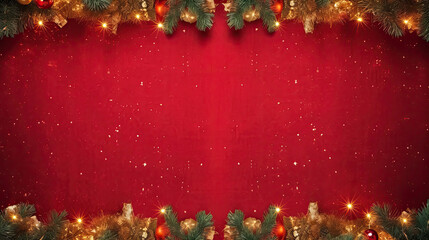 Christmas background with xmas tree and sparkle bokeh lights on red canvas background. Merry christmas card. Winter holiday theme. Happy New Year. Space for text, top view	
