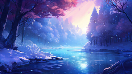  tranquil winter forest trail with river flow , anime illustration , Ai Generative
